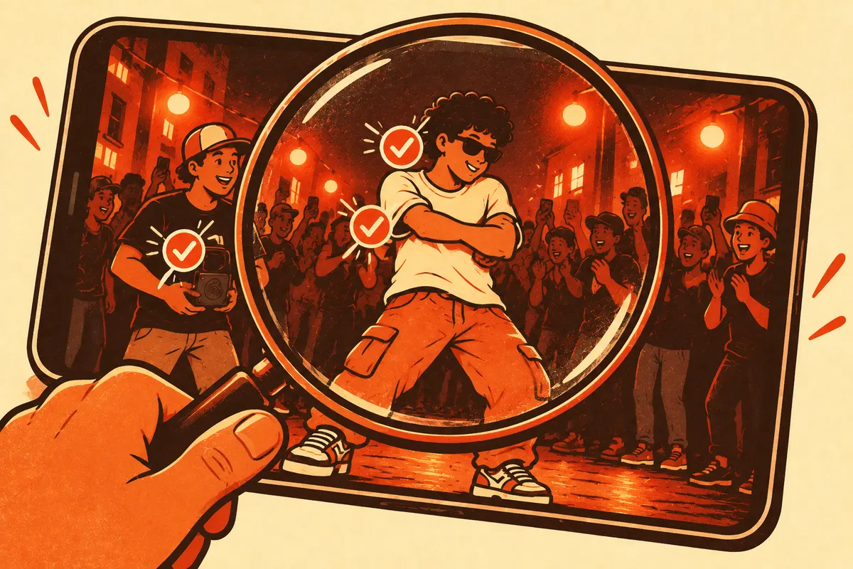 Illustration of a large magnifying glass held over a phone screen showing a dancer and a friend on a night street, with check marks next to the details.