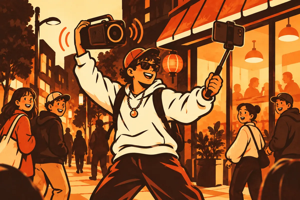 Illustration of a street creator holding a portable speaker in one hand and a phone on a selfie stick in the other while passers-by look on.