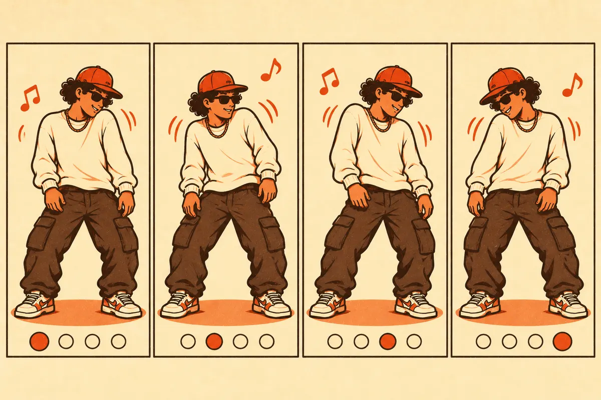 Illustration of four panels of the same dancer alternating shoulders, right shoulder up, left shoulder up, right shoulder up, left shoulder up, with beat dots under each panel.