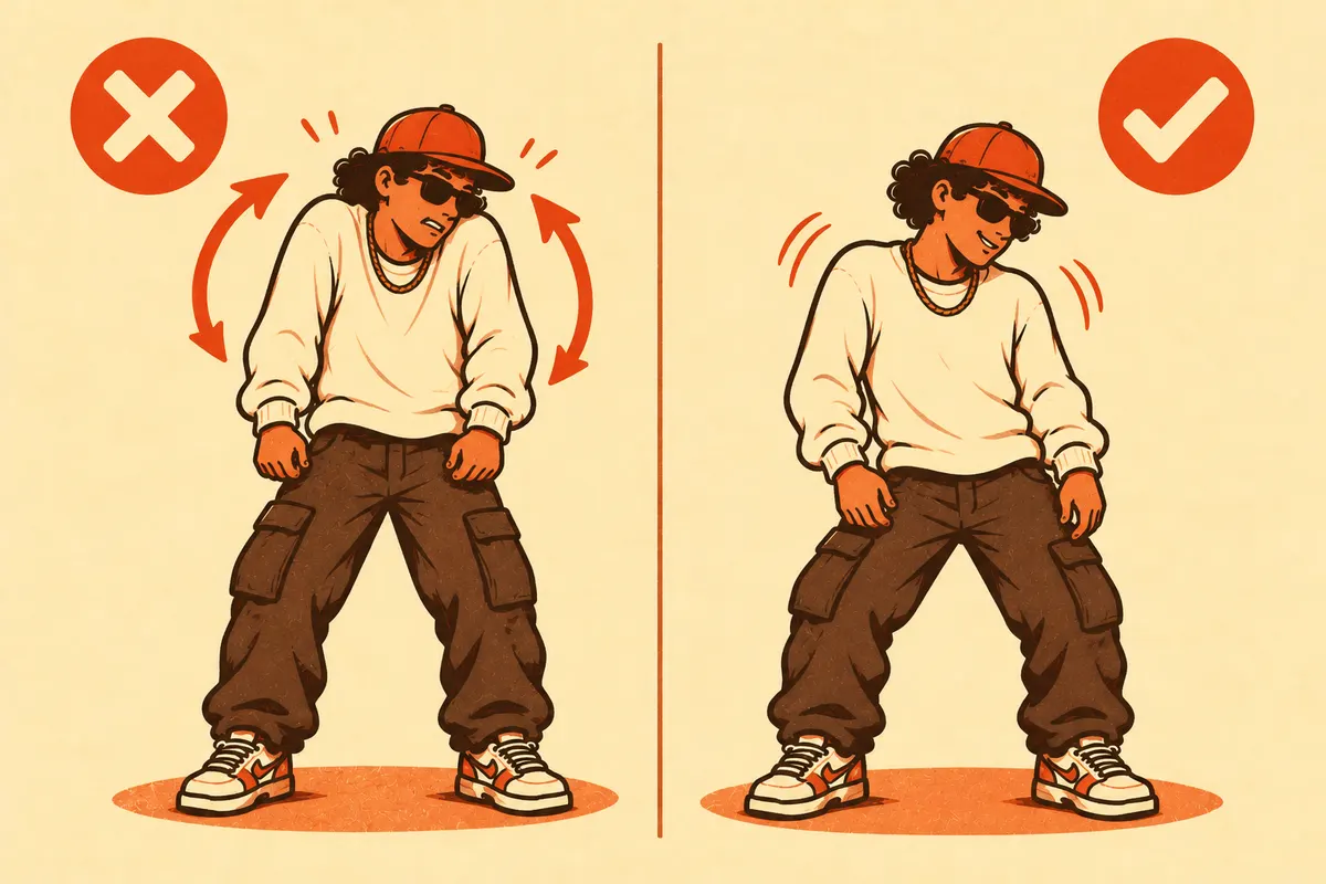 Illustration comparing two dancers: on the left a stiff dancer with high tense shoulders and big circular arrows marked with a cross, on the right a relaxed dancer with a small shoulder bounce marked with a check.
