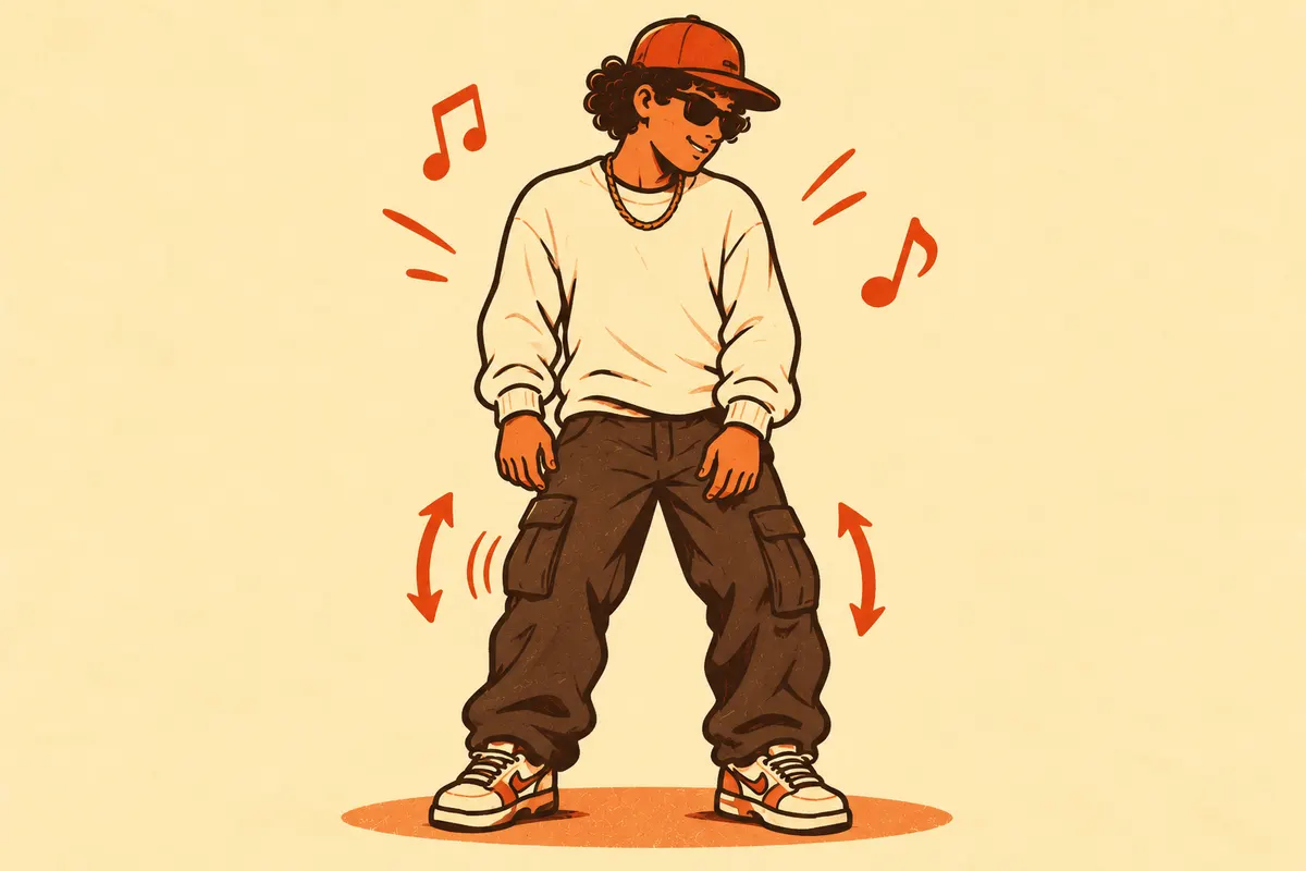 Illustration of a dancer in a relaxed starting stance with feet apart, knees bent and loose arms, with curved arrows showing a small up and down bounce.
