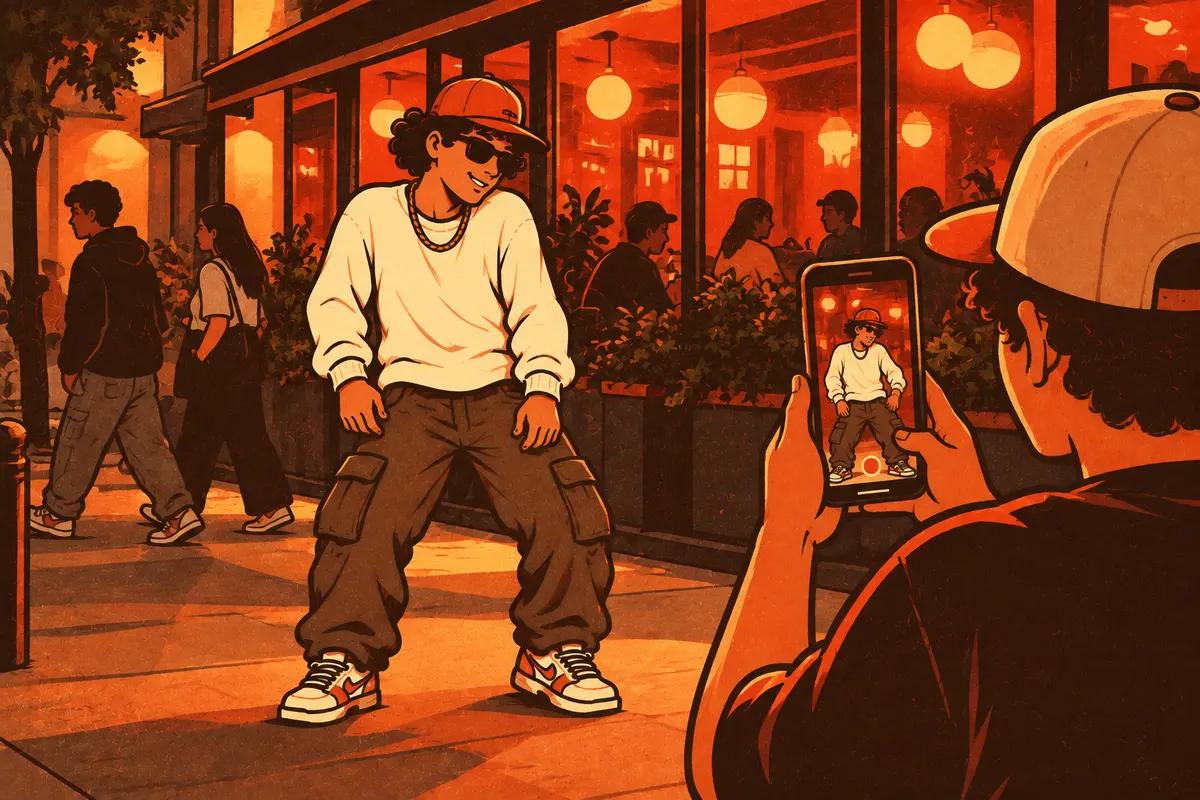Illustration of a friend holding a phone vertically at chest height to film a dancer doing the shoulder bounce on a street at night, with warm restaurant light behind.
