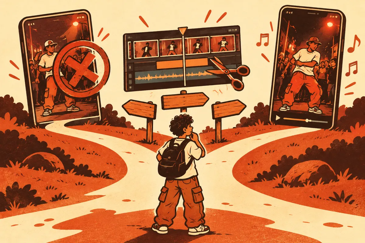 Illustration of a person at a crossroads with three signposted paths: a phone app with a stamp on the screen, a video editing timeline, and a phone playing a finished freestyle clip.