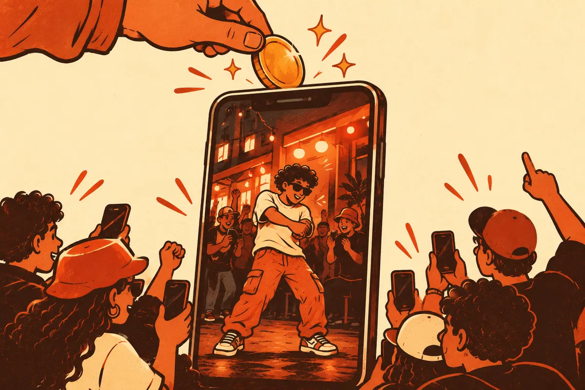 Illustration of a hand dropping a single coin into a phone, and the phone screen showing a finished vertical freestyle video with a dancer and a cheering crowd.