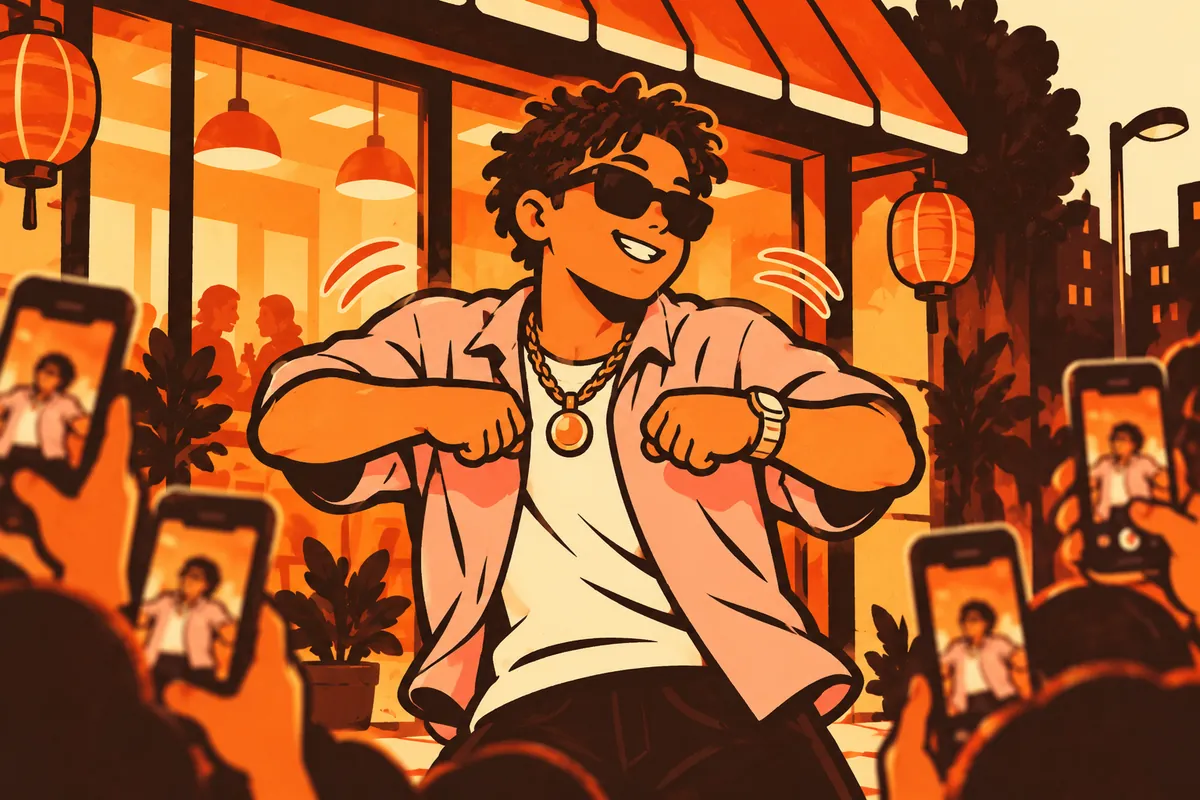 Illustration of a dembow performer in sunglasses and a pink shirt raising both shoulders in front of a glowing restaurant while phones film him.
