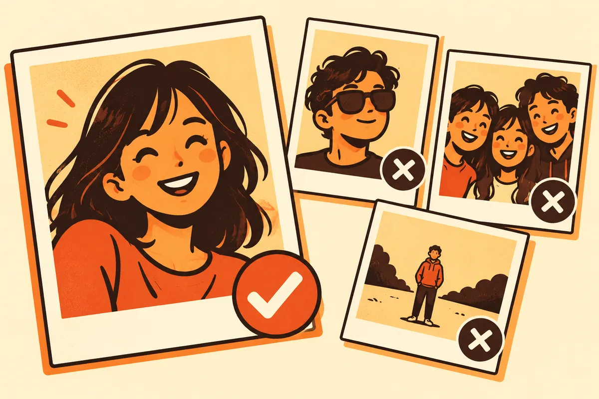 Illustration of four portrait photos: a close smiling face marked with a check, and three marked wrong: sunglasses, a group of three, and a person far away.