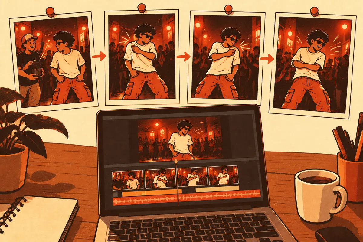 Illustration of a desk with a laptop and four storyboard cards showing a dancer: glancing to the side, left shoulder up, right shoulder up, and a final pose.