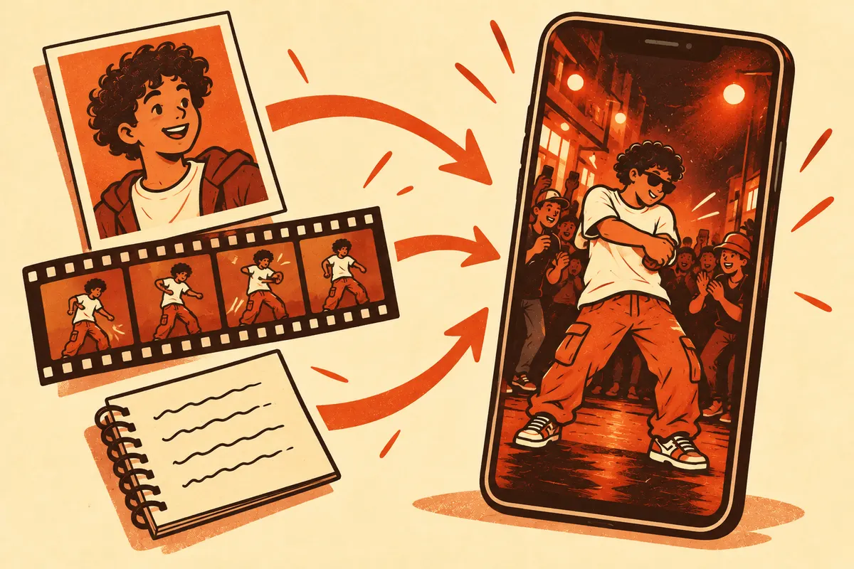 Illustration of a portrait photo, a film strip and a notepad with written lines flowing along arrows into a phone that plays a vertical freestyle dance clip.