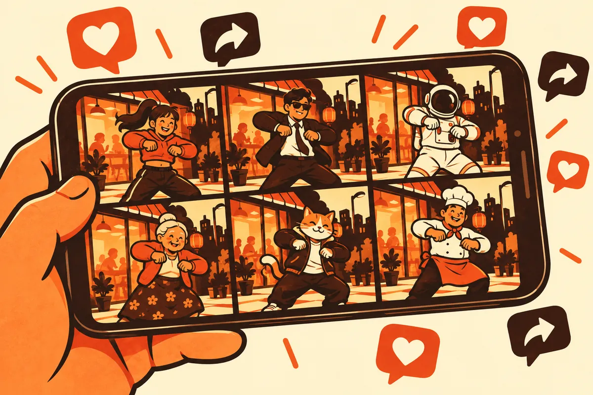 Illustration of a phone showing six versions of the same freestyle dance with different performers, including an astronaut, a grandmother, a cat and a chef.