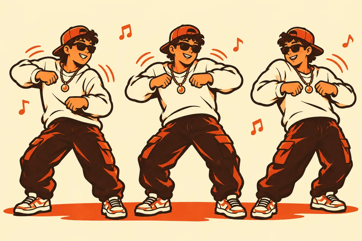 Illustration of one character doing the shoulder bounce in three poses: left shoulder up, both shoulders up, right shoulder up.