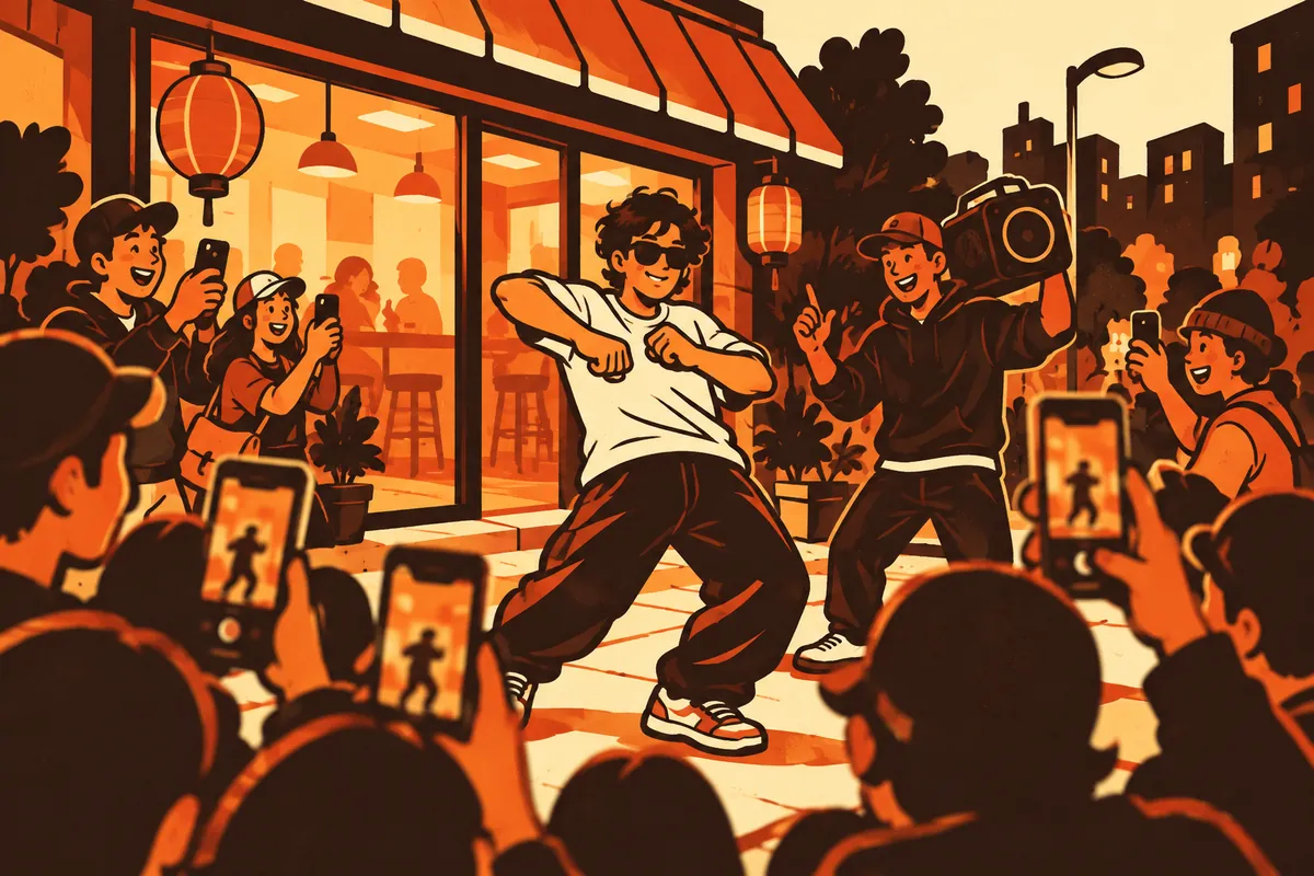 Illustration of a night street freestyle outside a glowing restaurant: a performer in sunglasses dances while a man holds a speaker and a crowd films on phones.