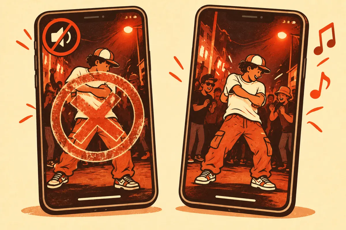 Illustration of two phones side by side: the left screen shows a dancer with a large stamp over the video and a muted speaker icon, the right screen shows a clean dancer clip with music notes.